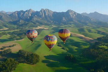 Fototapeta premium Three hot air balloons soar over scenic mountain valley.