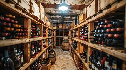 Fototapeta premium Extensive wine cellar with wooden racks filled with various wine bottles and barrels.