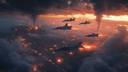 Fototapeta premium Fighter jets fly over burning city at sunset.
