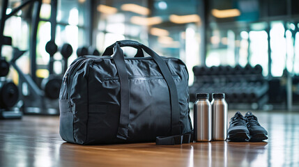 Closeup of the black sport bag, shoes or sneakers and protein shake or water bottles on the gym floor indoors. workout club interior equipment and accessories, recreational and sporty activity.