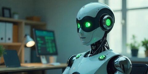 Robot seated in a modern office with glowing green eyes and advanced technology display in the background