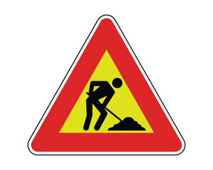 Road Works Ahead Sign Featuring a Triangular Shape with a Red Border and Yellow Background, Indicating Ongoing Road Maintenance Activities, Available as a Vector File