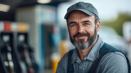 Middle aged gas station worker or employee, man with the beard wearing gray uniform and a cap, looking at the camera and smiling. luxurious modern car and petroleum fuel pumps in the background.
