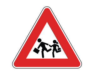 School Zone Road Sign Featuring a Triangular Shape with Red Border and Black Silhouettes of Running Children, Indicating the Presence of School or Educational Institutions, Available as a Vector File