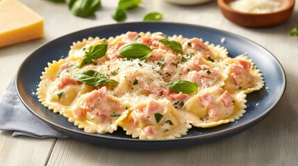Fresh Ravioli with Cream Sauce and Herbs on Blue Plate