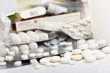 Pile of pills and other drugs closeup. High quality photo