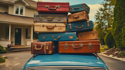 Pile or stack of suitcases of different colors packed on the roof of a vintage retro car parked on a driveway in front of the house or home. summer family holiday or vacation adventure travel luggage.