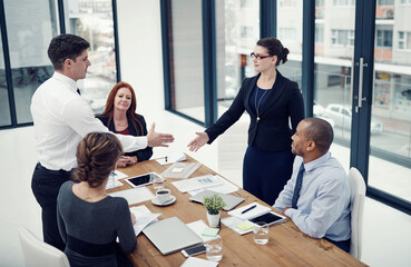 Business people, handshake and diversity for deal with welcome, agreement and success in office....