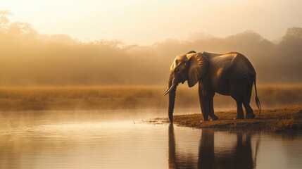 Obraz premium Majestic Elephant by Tranquil Water at Sunrise in Golden Light