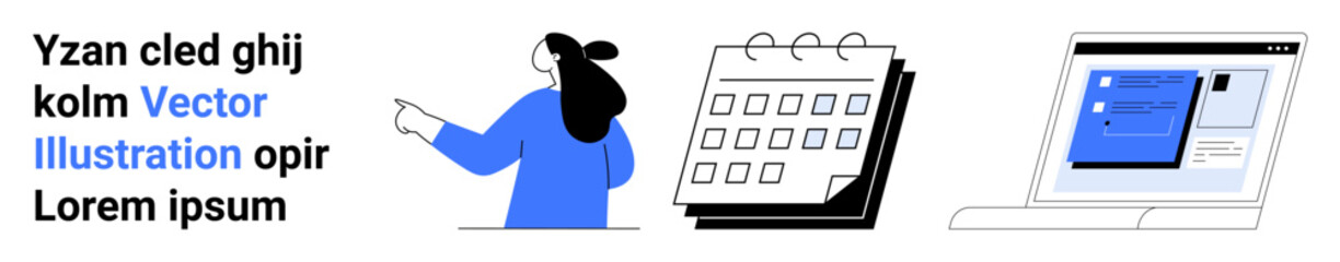 Office worker pointing, calendar with spiral binding, and laptop with displayed screen. Ideal for business presentations, scheduling, productivity tools, meeting planning, office management, project