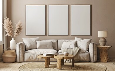 A cozy living room with a white sofa. three empty picture frames. a wooden coffee table. and a vase of dried pampas grass