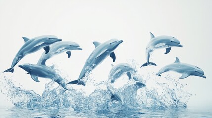 Fototapeta premium A group of playful 3D dolphins jumping together, creating a lively underwater scene, on white