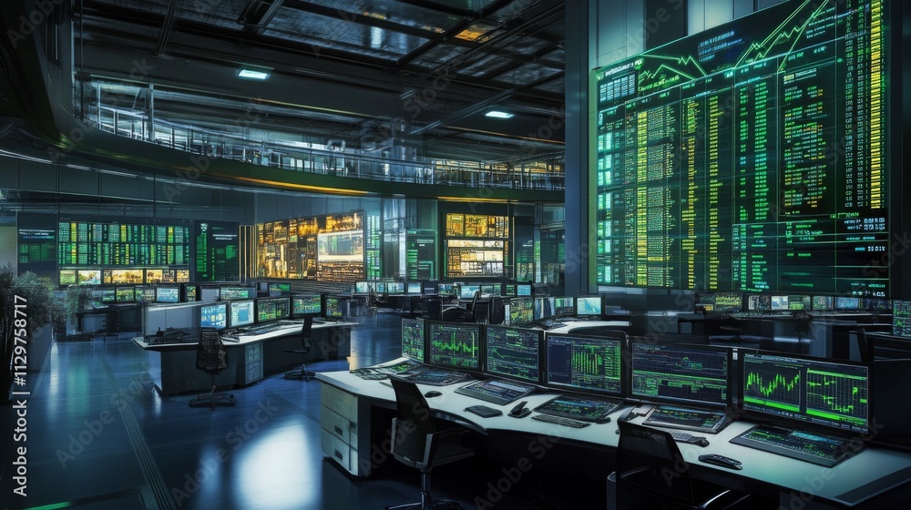 Aufkleber high-tech trading floor showcasing multiple screens filled with data and graphs related to sustainab