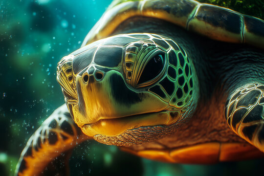 Close-up of a sea turtle swimming in ocean depths