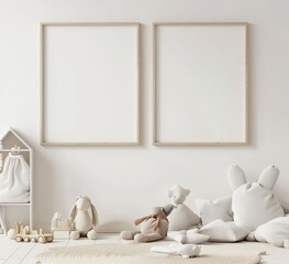Two empty picture frames in a minimalist nursery with toys on the floor