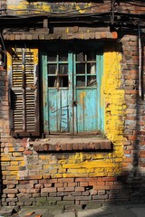 Weathered Brick Wall With Teal Window And Shutters
