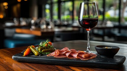 Gourmet Charcuterie Board with Red Wine in Modern Restaurant Setting