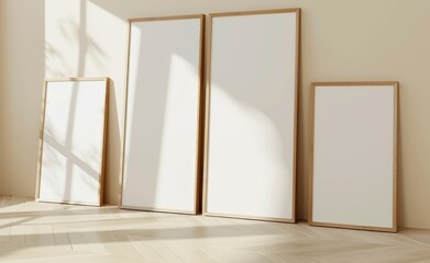 Obraz premium Four empty frames on a beige wall with sunlight streaming through the window