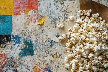 Popcorn spilled on a colorful textured background