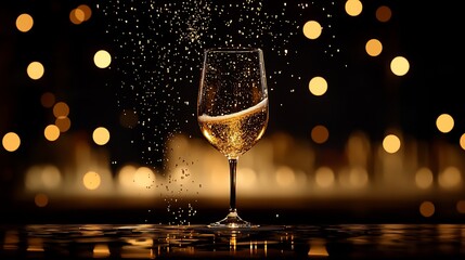 Sparkling wine glass with bokeh lights.