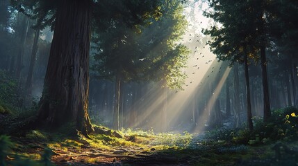 Obraz premium Soft Sunlight Streaming Through Trees in a Serene Forest Scene