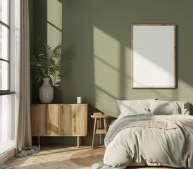 Minimalist bedroom interior with a green wall. a wooden cabinet. a plant. and a poster frame above the bed