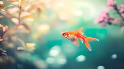 A vibrant orange goldfish gracefully swims amidst lush aquatic plants in a serene aquarium setting, bathed in soft, natural light.