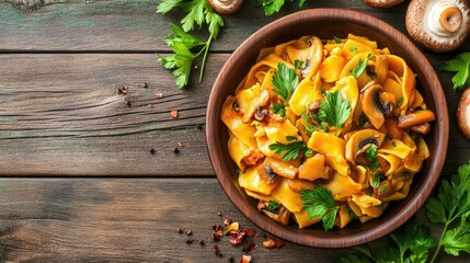 Freshly Prepared Pasta with Mushrooms and Green Herbs on Wooden Table
