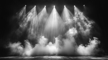 Dramatic Stage Scene with Bright Spotlights Fog and Geometric Patterns in Black and White