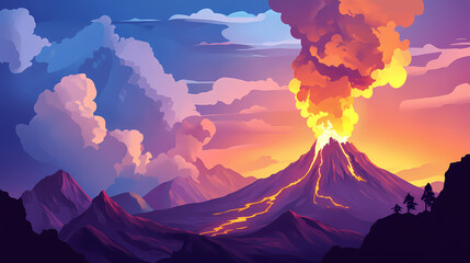 A dramatic volcanic eruption with lava flows and smoke against a mountainous backdrop. Eruption. Illustration