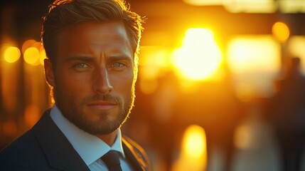 Confident middle aged businessman in an elegant suit with his team in the background under beautiful warm light showcasing hope and success