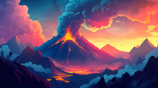 A dramatic volcanic eruption with lava flows and smoke against a mountainous backdrop. Eruption. Illustration