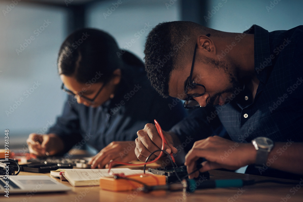 Poster service, electrical engineer and people with hardware, fixing and working late in office, it and spe