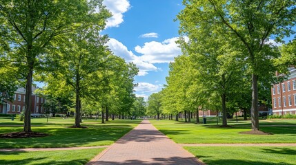 Lush Green Pathway Through Trees Under Bright Blue Sky in Summer
