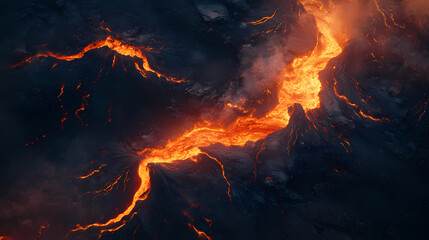 A top view of a volcanic eruption with molten lava flowing down the mountain's slope at dusk. Eruption. Illustration