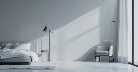 Minimalist bedroom interior design with white walls. a bed. a chair. a lamp. and a window
