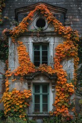 Autumn leaves cover an old stone building facade
