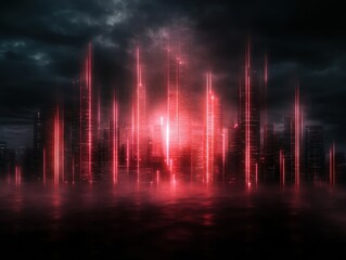 A futuristic cityscape illuminated by striking red lights against a dark, cloudy sky, creating a dramatic and mysterious atmosphere.