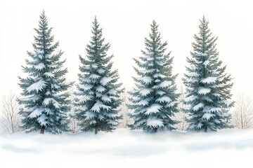 Hand-drawn winter scene shows snowy spruce trees in forest. Snow covers trees branches creating peaceful winter landscape. Soft watercolor style creates serene, quiet atmosphere. Illustration