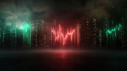 A futuristic cityscape with digital soundwave patterns in red and green, creating a vibrant and dynamic atmosphere.