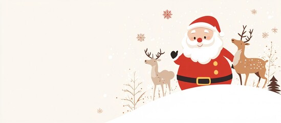 Smiling Santa Claus and his reindeer, designed with three colors: white, red, and beige, with a winter vibe on a plain white background.