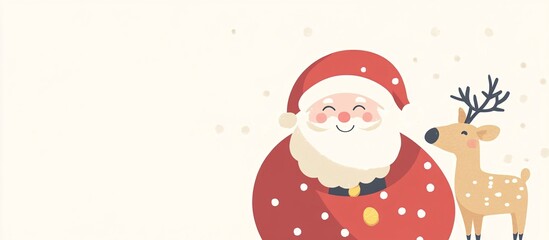 Smiling Santa Claus and his reindeer, designed with three colors: white, red, and beige, with a winter background.