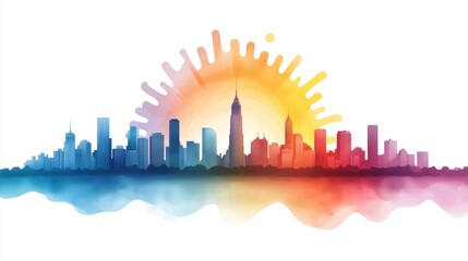 Obraz premium Vibrant Cityscape Sunrise Urban Skyline Watercolor Colorful Buildings