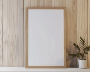 Empty picture frame with natural wood paneling and plant