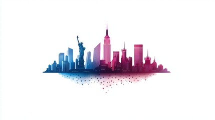 Obraz premium NYC Skyline Statue of Liberty American Cityscape Urban Landscape Stars Blue Red Gradient