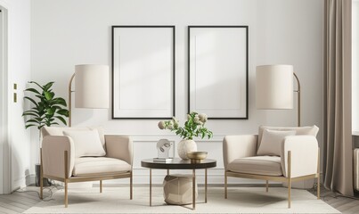 Two beige armchairs with gold trim face a round coffee table in a minimalist living room There are two black framed pictures on the wall behind them. and two lamps on either side of the chairs A rug c