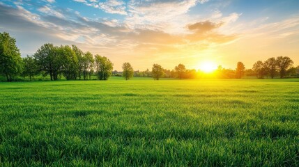 Sunset Over a Green Field