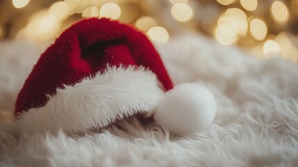 Cozy Christmas hat on a fluffy white surface with a warm bokeh background.