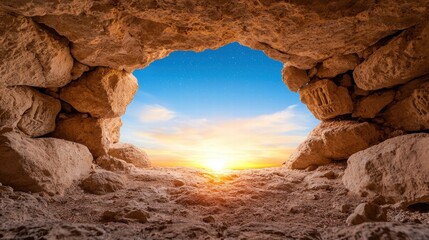 Cave Opening Sunrise Landscape Desert Rocks Sky Sunset