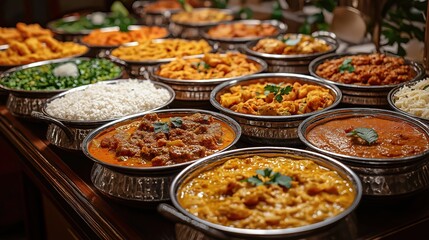 Indian buffet table. Many bowls with various dishes. Curries rice and vegetables. Plenty of food. Buffet style. Party or event. Traditional Indian cuisine.